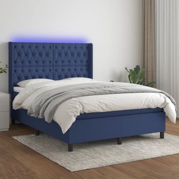 vidaXL Lova su spyruoklėmis/čiužiniu/LED, mėlyna, 140x190 cm, audinys