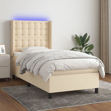 vidaXL Lova su spyruoklėmis/čiužiniu/LED, kreminė, 90x190 cm, audinys