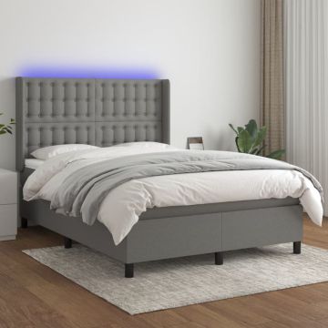 vidaXL Lova su spyruoklėmis/čiužiniu/LED, pilka, 140x190 cm, audinys