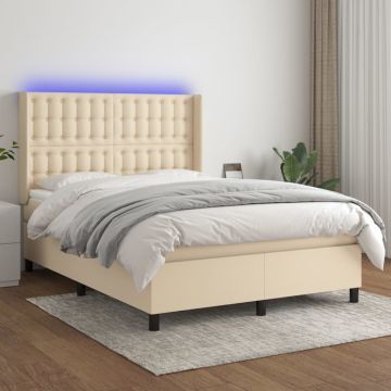 vidaXL Lova su spyruoklėmis/čiužiniu/LED, kreminė, 140x190 cm, audinys