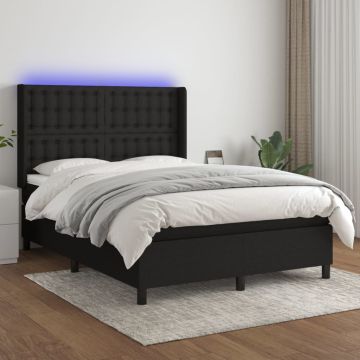 vidaXL Lova su spyruoklėmis/čiužiniu/LED, juoda, 140x200 cm, audinys