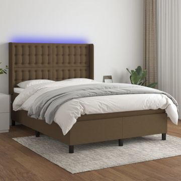 vidaXL Lova su spyruoklėmis/čiužiniu/LED, ruda, 140x200 cm, audinys