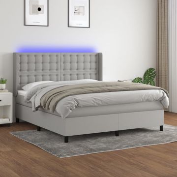 vidaXL Lova su spyruoklėmis/čiužiniu/LED, pilka, 160x200 cm, audinys