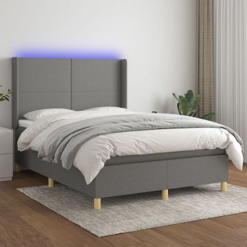 vidaXL Lova su spyruoklėmis/čiužiniu/LED, pilka, 140x200 cm, audinys