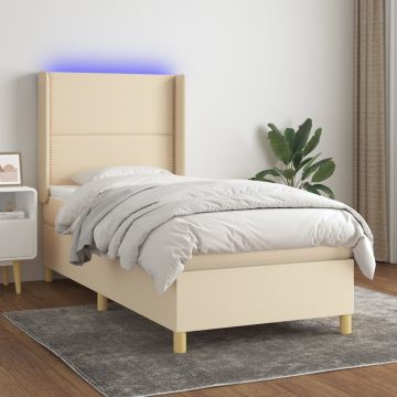 vidaXL Lova su spyruoklėmis/čiužiniu/LED, kreminė, 90x200 cm, audinys