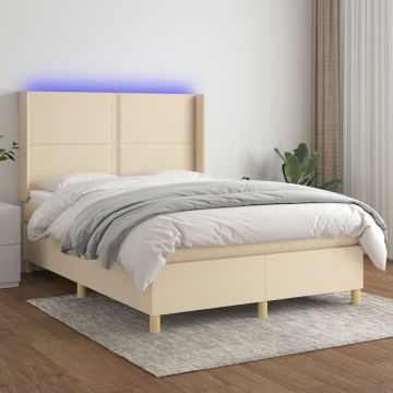 vidaXL Lova su spyruoklėmis/čiužiniu/LED, kreminė, 140x190 cm, audinys