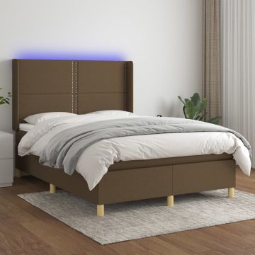 vidaXL Lova su spyruoklėmis/čiužiniu/LED, ruda, 140x200 cm, audinys