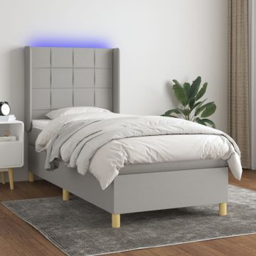 vidaXL Lova su spyruoklėmis/čiužiniu/LED, pilka, 90x200 cm, audinys