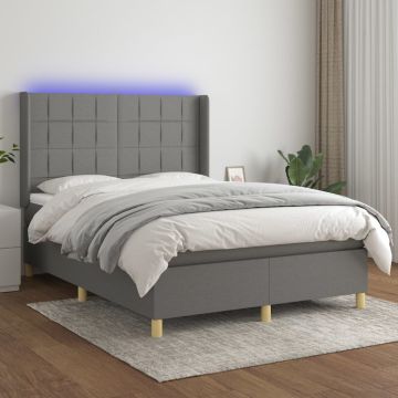 vidaXL Lova su spyruoklėmis/čiužiniu/LED, pilka, 140x190 cm, audinys