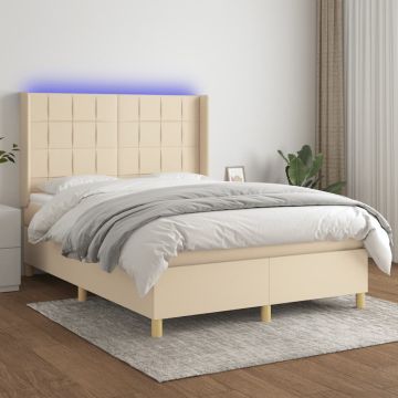vidaXL Lova su spyruoklėmis/čiužiniu/LED, kreminė, 140x190 cm, audinys