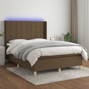 vidaXL Lova su spyruoklėmis/čiužiniu/LED, ruda, 140x200 cm, audinys