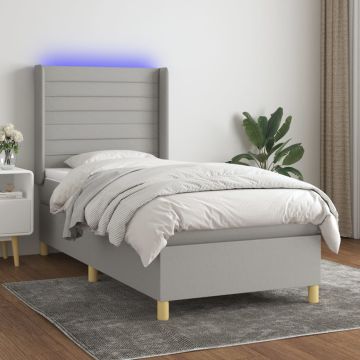 vidaXL Lova su spyruoklėmis/čiužiniu/LED, pilka, 90x190 cm, audinys