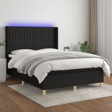 vidaXL Lova su spyruoklėmis/čiužiniu/LED, juoda, 140x200 cm, audinys