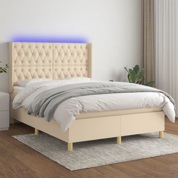 vidaXL Lova su spyruoklėmis/čiužiniu/LED, kreminė, 140x190 cm, audinys
