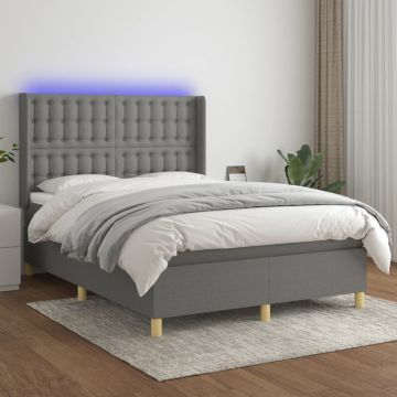 vidaXL Lova su spyruoklėmis/čiužiniu/LED, pilka, 140x190 cm, audinys