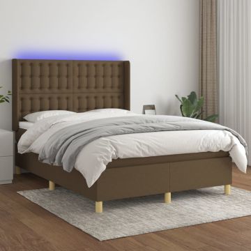 vidaXL Lova su spyruoklėmis/čiužiniu/LED, ruda, 140x190 cm, audinys