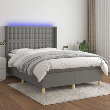 vidaXL Lova su spyruoklėmis/čiužiniu/LED, pilka, 140x200 cm, audinys