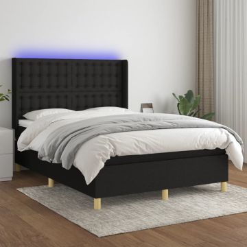 vidaXL Lova su spyruoklėmis/čiužiniu/LED, juoda, 140x200 cm, audinys
