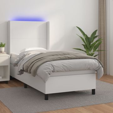 vidaXL Lova su spyruoklėmis/čiužiniu/LED, balta, 90x190cm dirbtinė oda