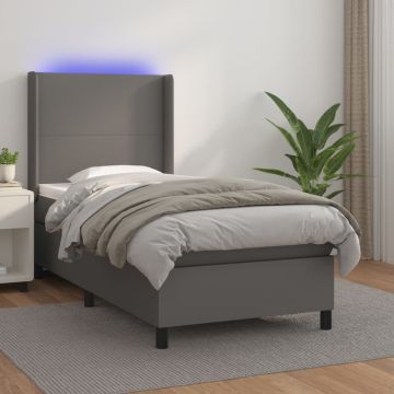 vidaXL Lova su spyruoklėmis/čiužiniu/LED, pilka, 90x190cm dirbtinė oda