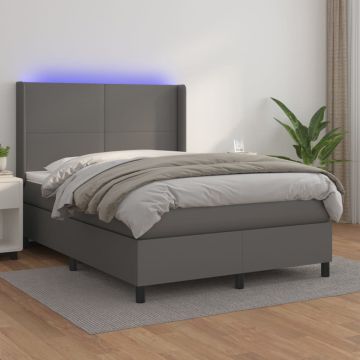 vidaXL Lova su spyruoklėmis/čiužiniu/LED, pilka 140x200cm dirbtinė oda