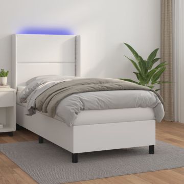 vidaXL Lova su spyruoklėmis/čiužiniu/LED, balta, 90x200cm dirbtinė oda
