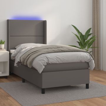 vidaXL Lova su spyruoklėmis/čiužiniu/LED, pilka, 90x200cm dirbtinė oda