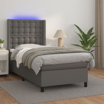 vidaXL Lova su spyruoklėmis/čiužiniu/LED, pilka, 80x200cm, netikra oda