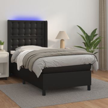 vidaXL Lova su spyruoklėmis/čiužiniu/LED, juoda, 90x200cm dirbtinė oda