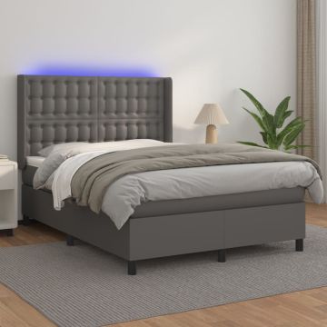 vidaXL Lova su spyruoklėmis/čiužiniu/LED, pilka 140x190cm dirbtinė oda