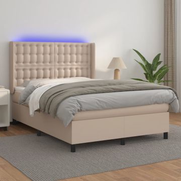 vidaXL Lova su spyruoklėmis/čiužiniu/LED, kapučino, 140x190cm dirbtinė