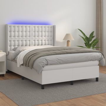 vidaXL Lova su spyruoklėmis/čiužiniu/LED, balta 140x200cm dirbtinė oda
