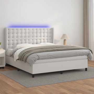 vidaXL Lova su spyruoklėmis/čiužiniu/LED, balta 160x200cm dirbtinė oda