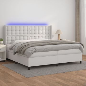 vidaXL Lova su spyruoklėmis/čiužiniu/LED, balta 200x200cm dirbtinė oda