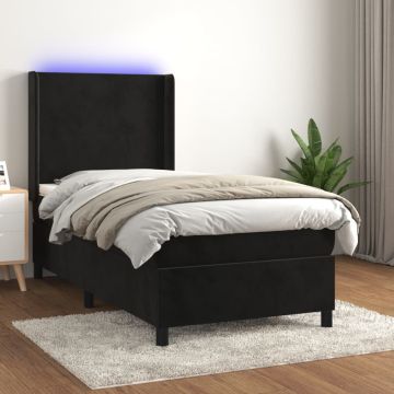 vidaXL Lova su spyruoklėmis/čiužiniu/LED, juoda, 90x200cm, aksomas