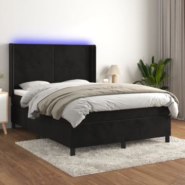 vidaXL Lova su spyruoklėmis/čiužiniu/LED, juoda, 140x200cm, aksomas