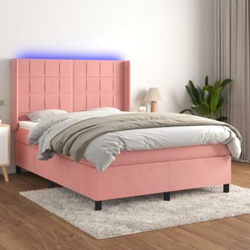 vidaXL Lova su spyruoklėmis/čiužiniu/LED, rožinė, 140x190cm, aksomas