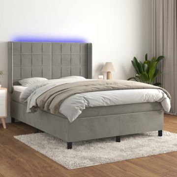 vidaXL Lova su spyruoklėmis/čiužiniu/LED, pilka, 140x200cm, aksomas