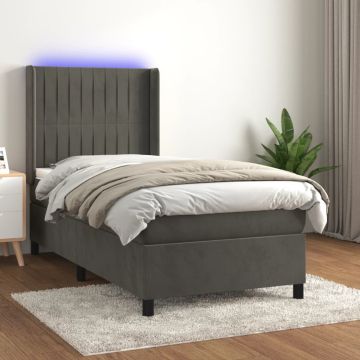 vidaXL Lova su spyruoklėmis/čiužiniu/LED, pilka, 90x200cm, aksomas