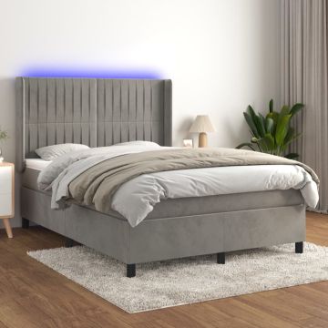 vidaXL Lova su spyruoklėmis/čiužiniu/LED, pilka, 140x190cm, aksomas