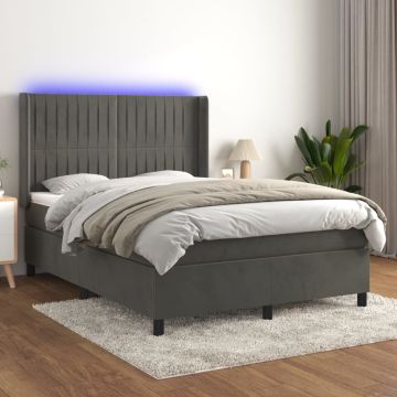 vidaXL Lova su spyruoklėmis/čiužiniu/LED, pilka, 140x190cm, aksomas
