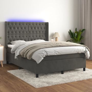vidaXL Lova su spyruoklėmis/čiužiniu/LED, pilka, 140x190cm, aksomas