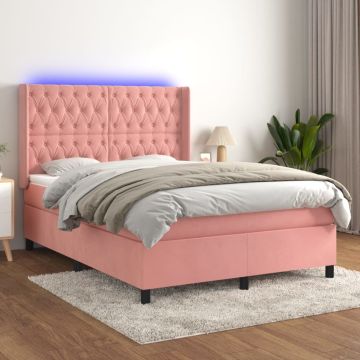 vidaXL Lova su spyruoklėmis/čiužiniu/LED, rožinė, 140x190cm, aksomas