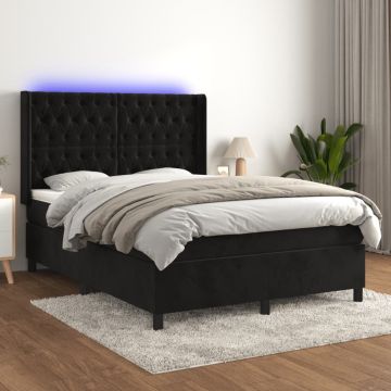 vidaXL Lova su spyruoklėmis/čiužiniu/LED, juoda, 140x200cm, aksomas