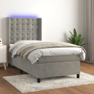 vidaXL Lova su spyruoklėmis/čiužiniu/LED, pilka, 90x190cm, aksomas