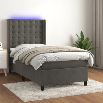 vidaXL Lova su spyruoklėmis/čiužiniu/LED, pilka, 100x200cm, aksomas