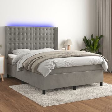 vidaXL Lova su spyruoklėmis/čiužiniu/LED, pilka, 140x190cm, aksomas