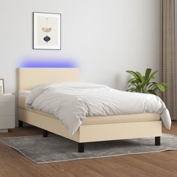vidaXL Lova su spyruoklėmis/čiužiniu/LED, kreminė, 90x190 cm, audinys