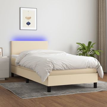 vidaXL Lova su spyruoklėmis/čiužiniu/LED, kreminė, 90x200 cm, audinys
