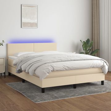 vidaXL Lova su spyruoklėmis/čiužiniu/LED, kreminė, 140x190 cm, audinys